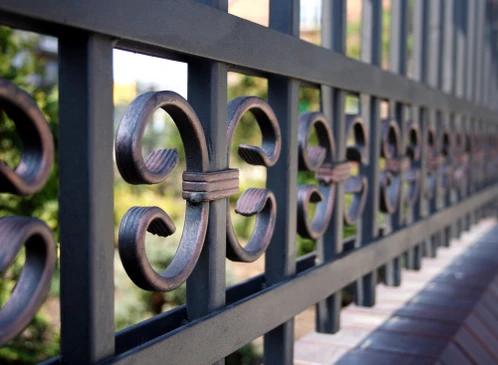 Balustrade extérieure en fer forgé avec motifs décoratifs circulaires et ornements en volutes