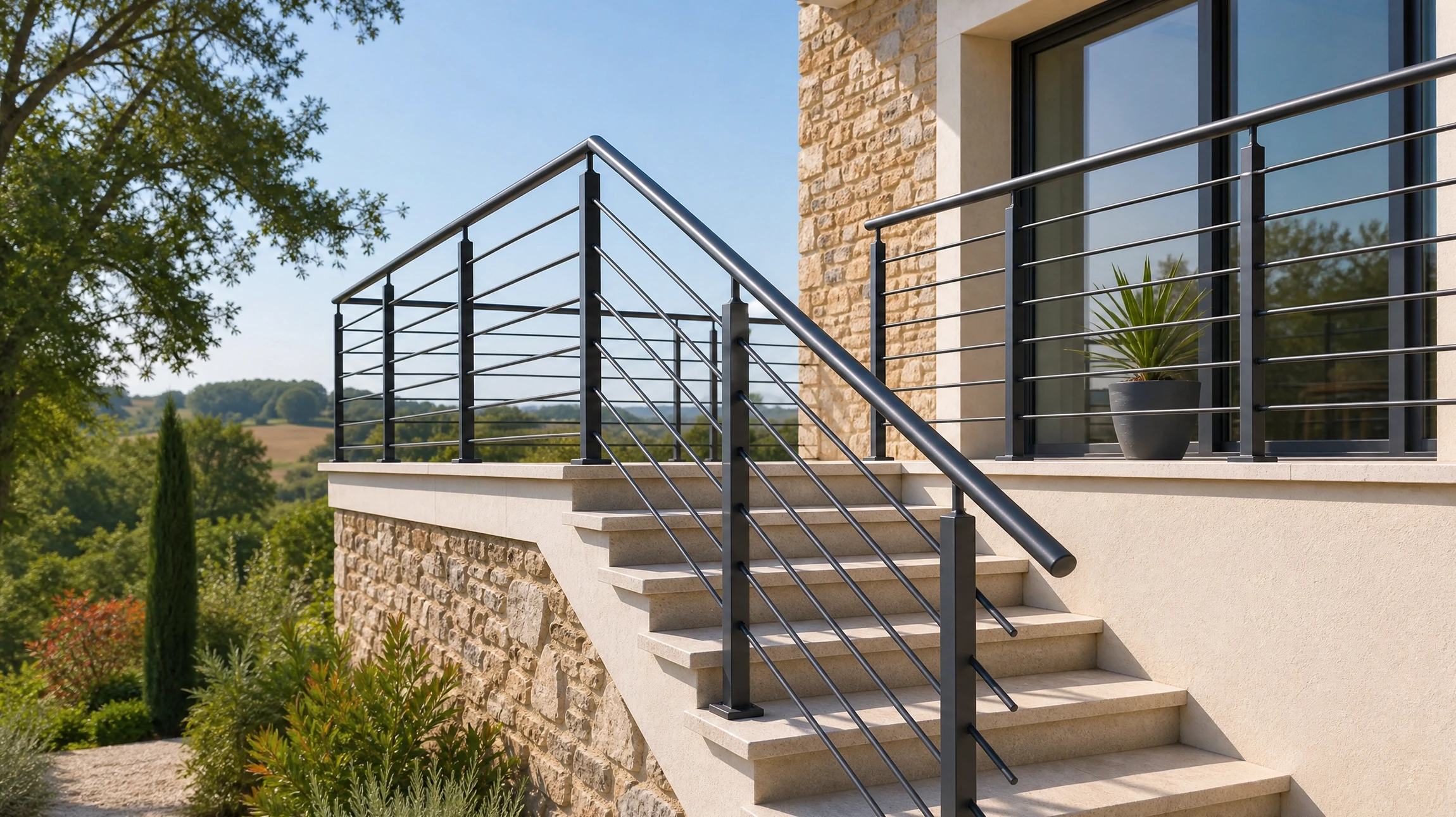 Escalier extérieur métallique avec garde-corps à barreaux horizontaux longeant un mur de briques rouges