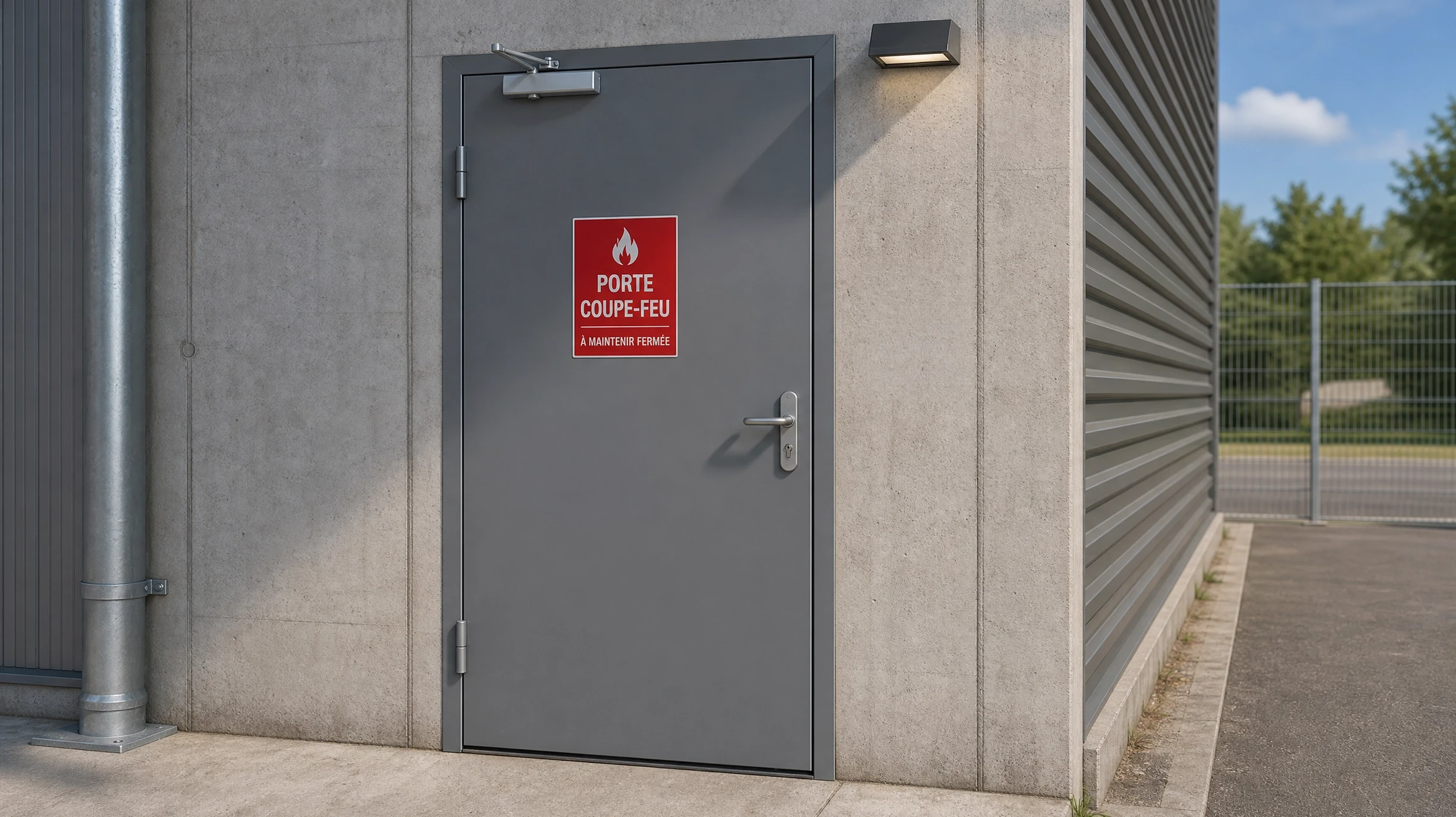 Sortie de secours dans parking souterrain avec porte coupe-feu blanche équipée de barre anti-panique horizontale