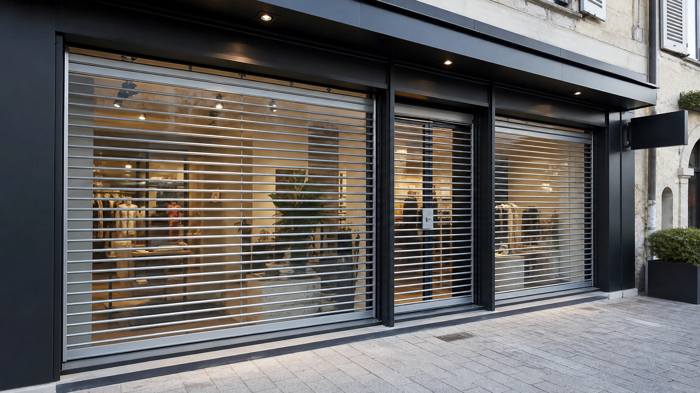 Façade commerciale moderne avec rideaux métalliques de sécurité fermés protégeant une vitrine d'entreprise